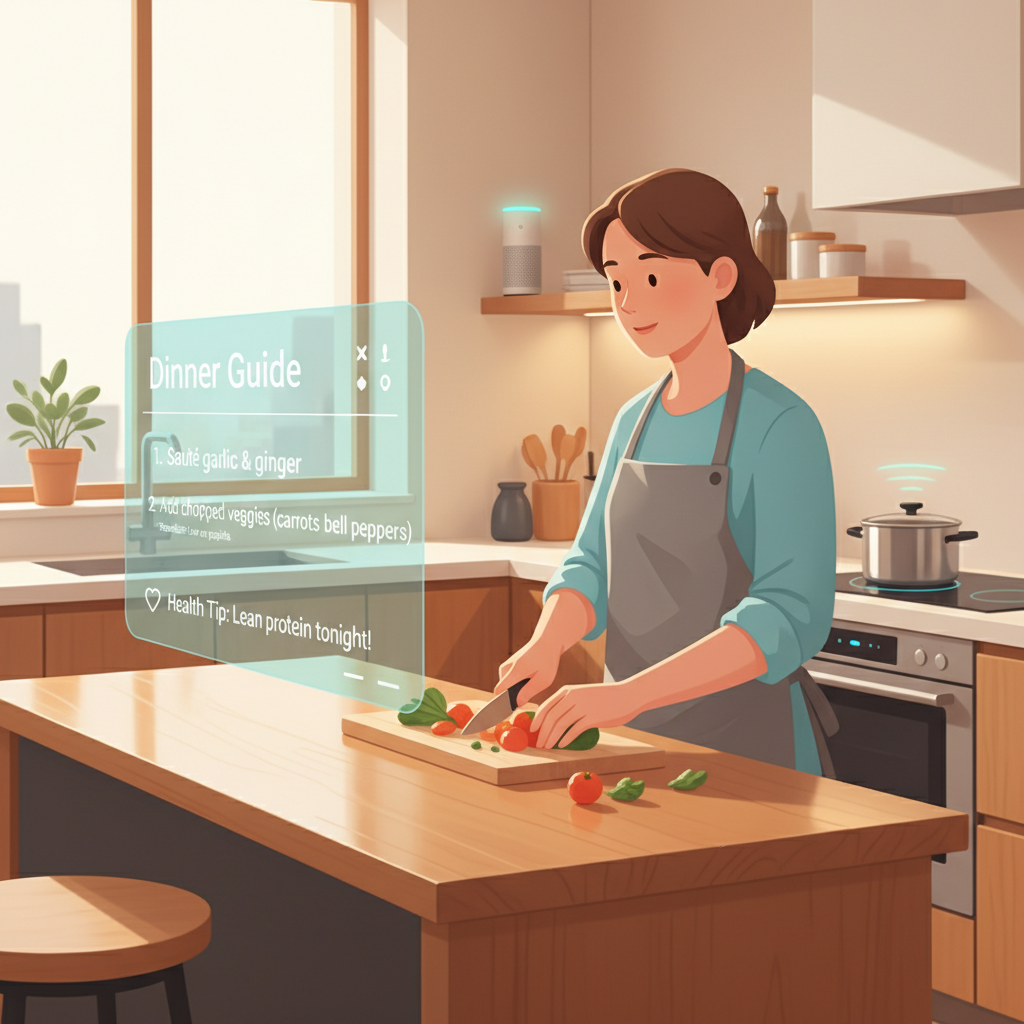 Human interacting with an AI companion displaying data visually