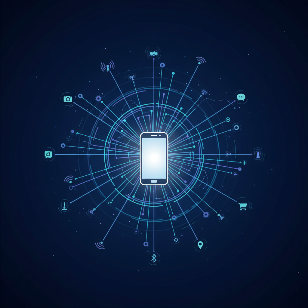A digital illustration depicting various forms of smartphone surveillance: cellular towers, Wi-Fi symbols, and app icons with data streams, all converging on a generic smartphone representation.