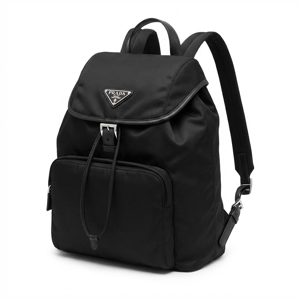 금속 트라이앵글 로고가 돋보이는 남성용 프라다 리나일론 백팩, 고해상도 럭셔리 스타일