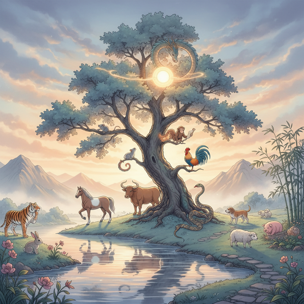 중국 십이지신 운세 배너 이미지: 동양적 문양과 12지신 동물이 조화된 신비로운 그림