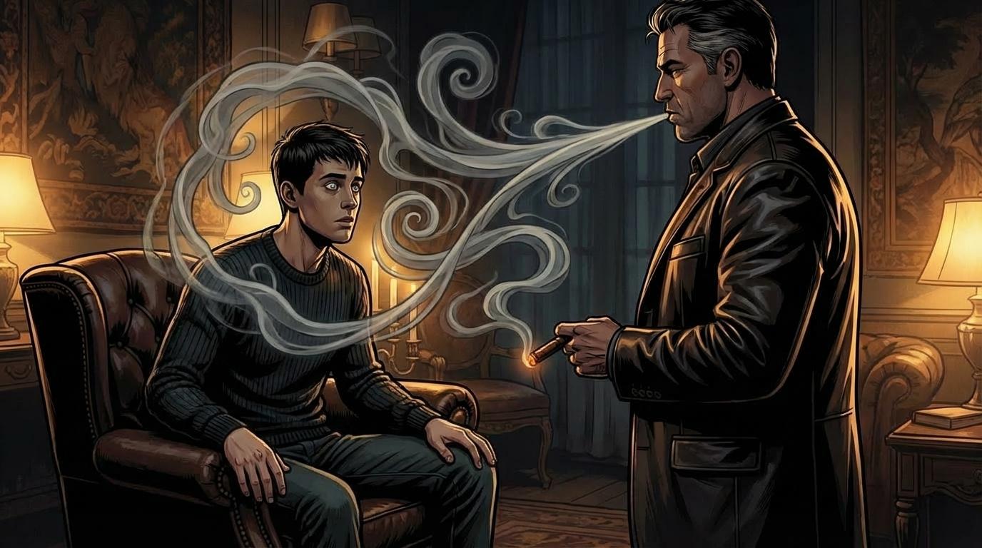 Swirling hypnotic smoke blown from Master's cigar