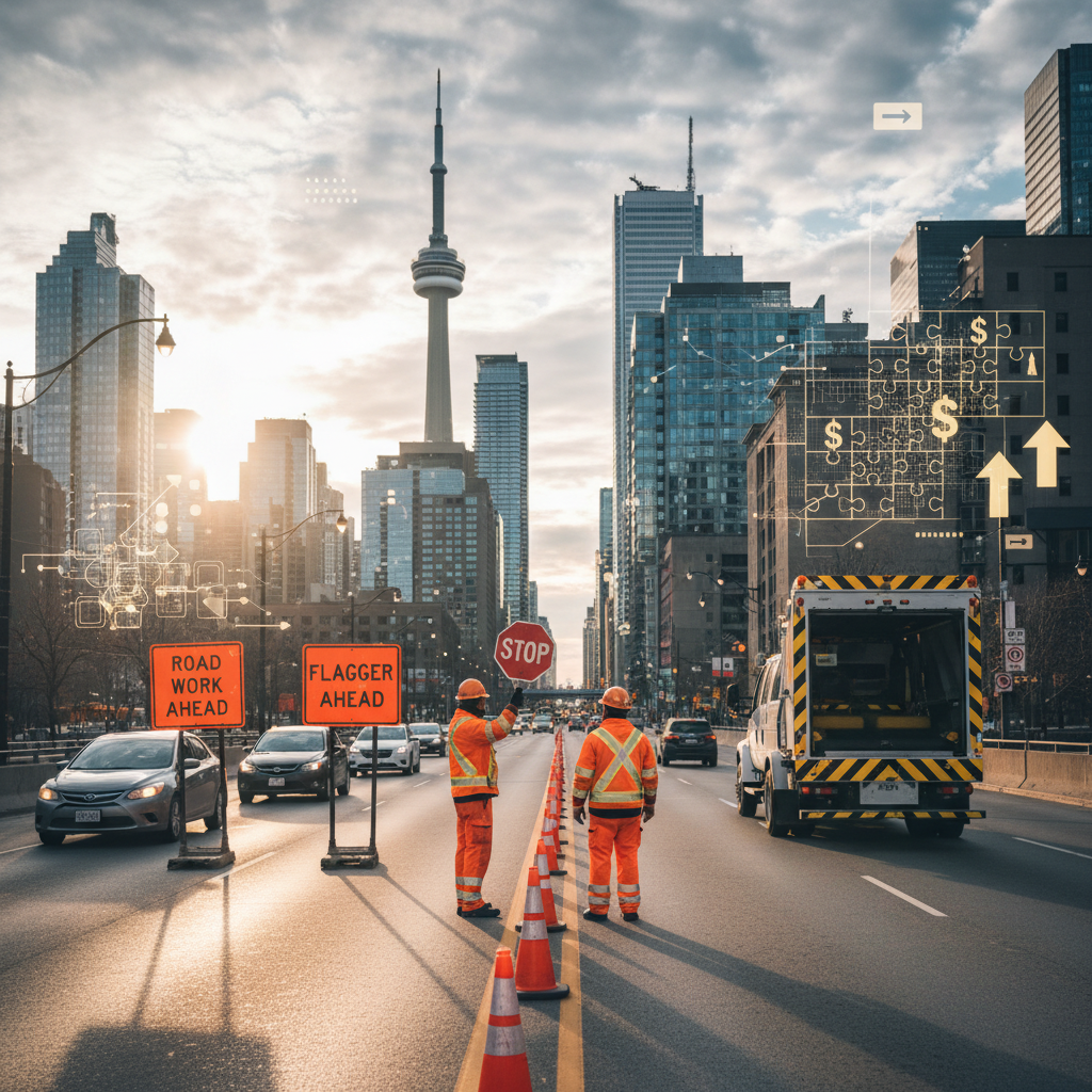 Two traffic control workers in orange vests manage road work in downtown Toronto, with the CN Tower in the background, illustrating professional traffic control Toronto services.