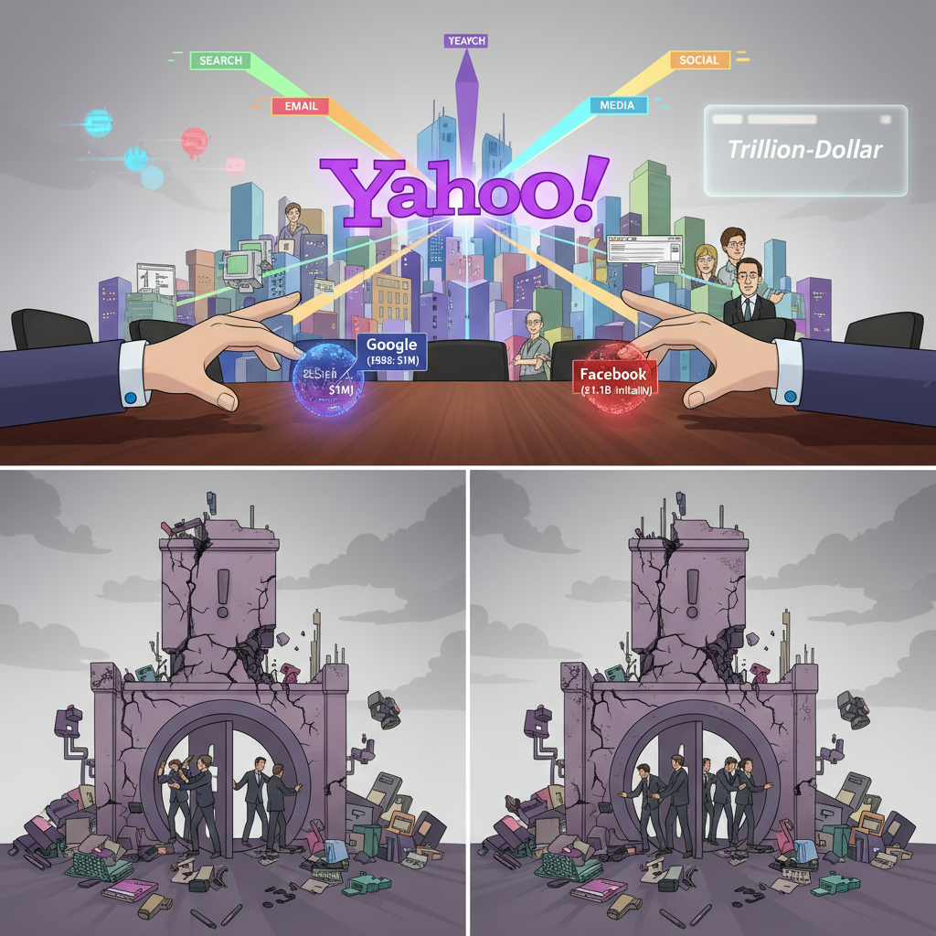 A visual representation of Yahoo's journey or missed opportunities, possibly showing charts or timelines related to its rise and fall, or a depiction of the internet landscape at different eras.