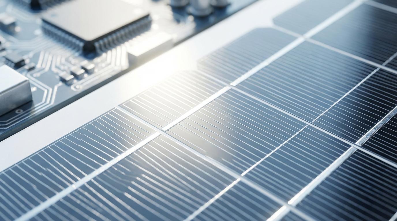 A clean tech aesthetic image representing silver s industrial application. A close-up shot of high-tech solar panels with intricate silver grid lines catching the sunlight. In the background, a blurred image of a modern electric vehicle s circuit board. Bright, airy lighting, metallic textures, macro photography style, futuristic and sustainable energy vibe.