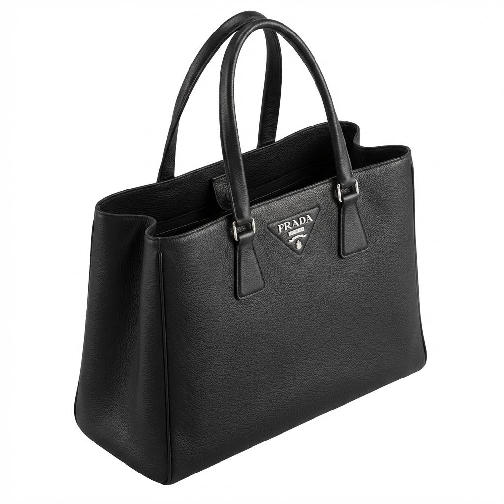 전문적인 앵글에서 촬영된 넓고 우아한 남성용 프라다 가죽 토트백