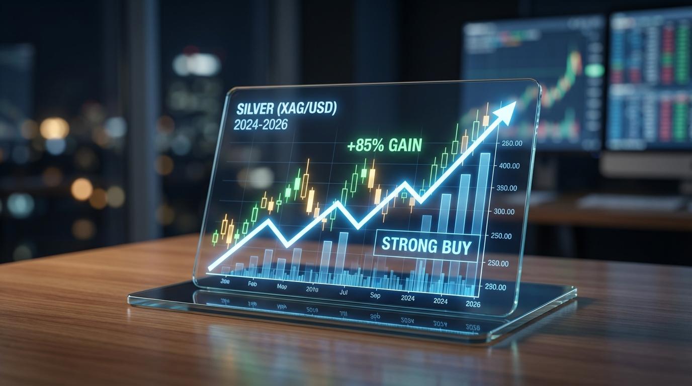 A professional financial analysis chart displayed on a sleek glass tablet. The chart shows a clear, aggressive upward trend line for silver prices from 2024 to 2026. Digital overlays with percentage increase numbers and glowing candlestick patterns. A blurred trader s office environment in the background with soft bokeh. High contrast, professional financial news aesthetic.