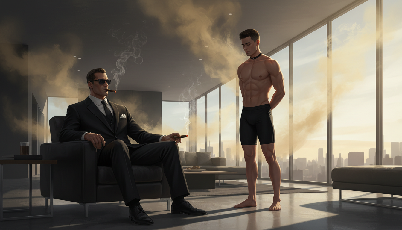 The Morning Order- muscular naked bun-E grovels at leather suit Master smoking stogie