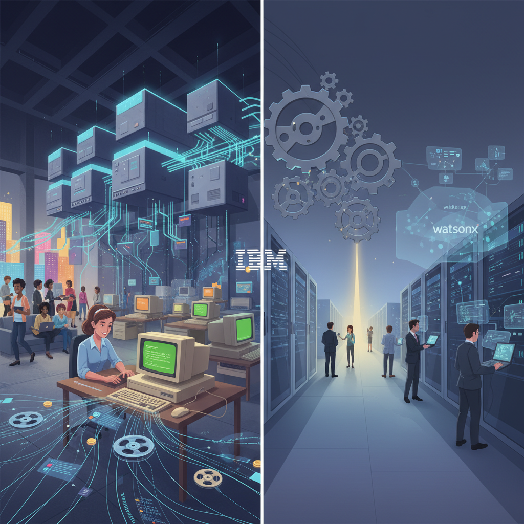 An old IBM mainframe computer, showcasing its imposing size and complex circuitry, surrounded by technical staff.
