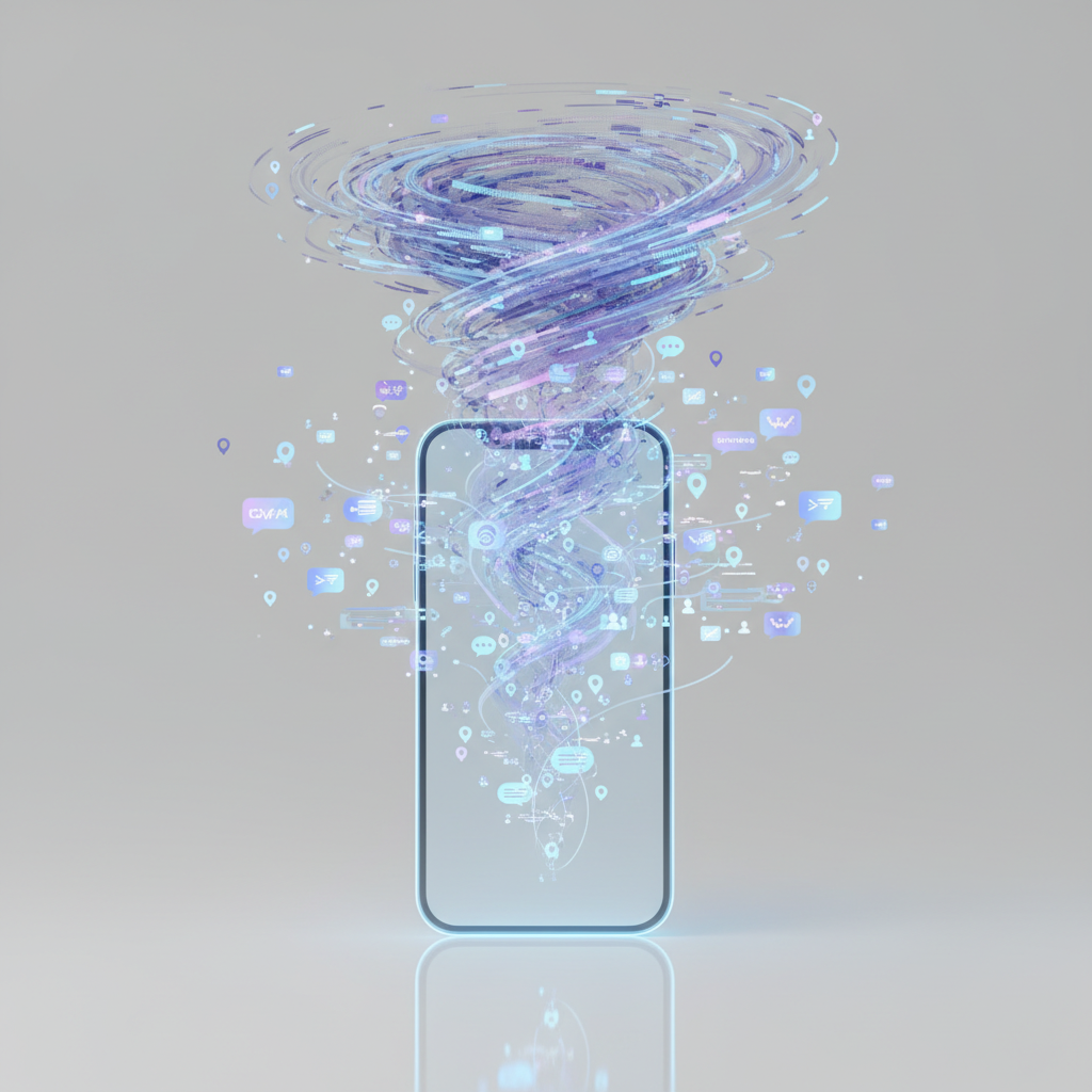 A graphic illustrating privacy concerns with a smartphone in the center, surrounded by warning signs, lock icons broken, and eyes, representing data breaches and surveillance.