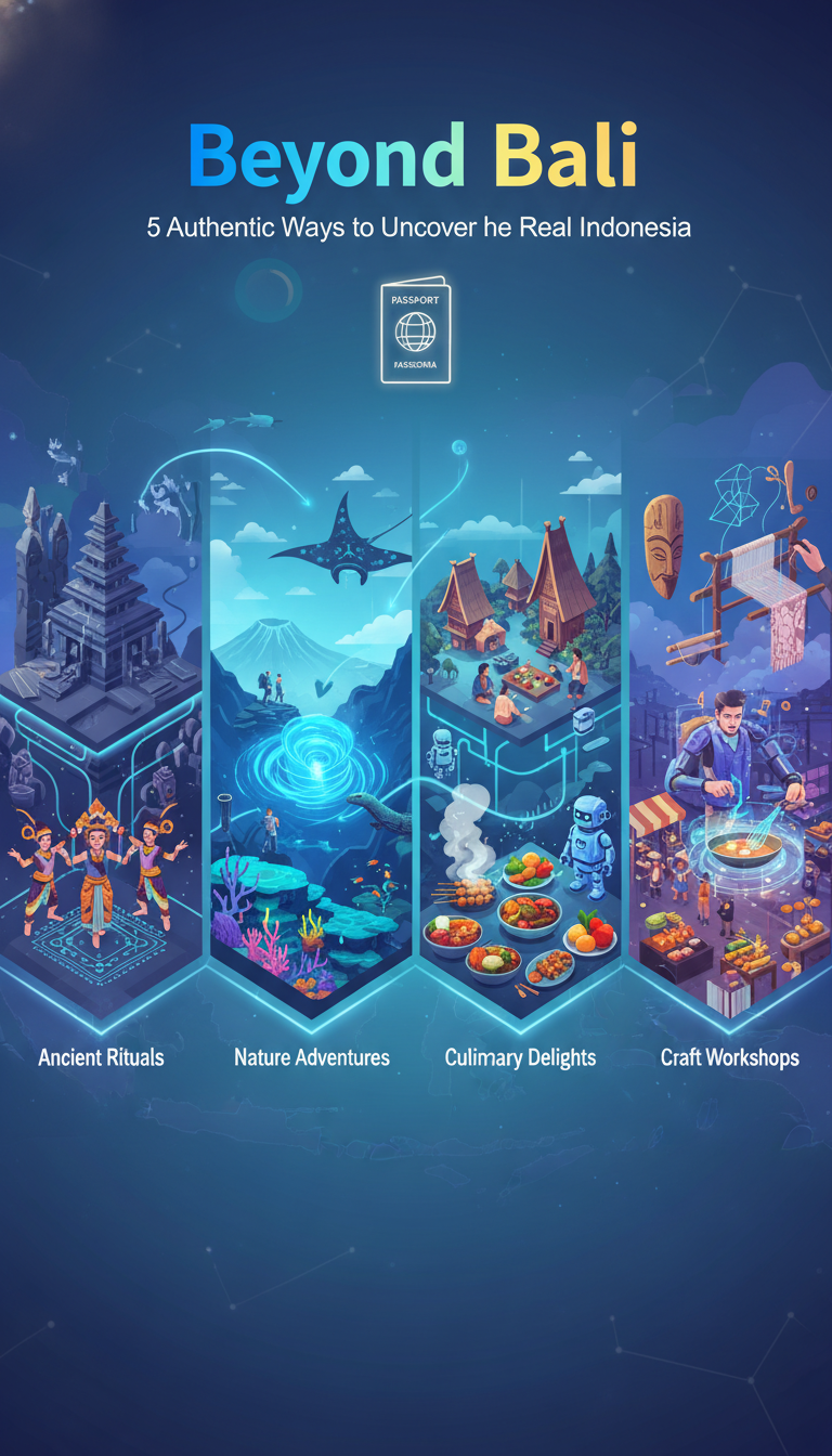 Scenic view of an Indonesian landscape with lush greenery and traditional architecture, hinting at authentic travel experiences.