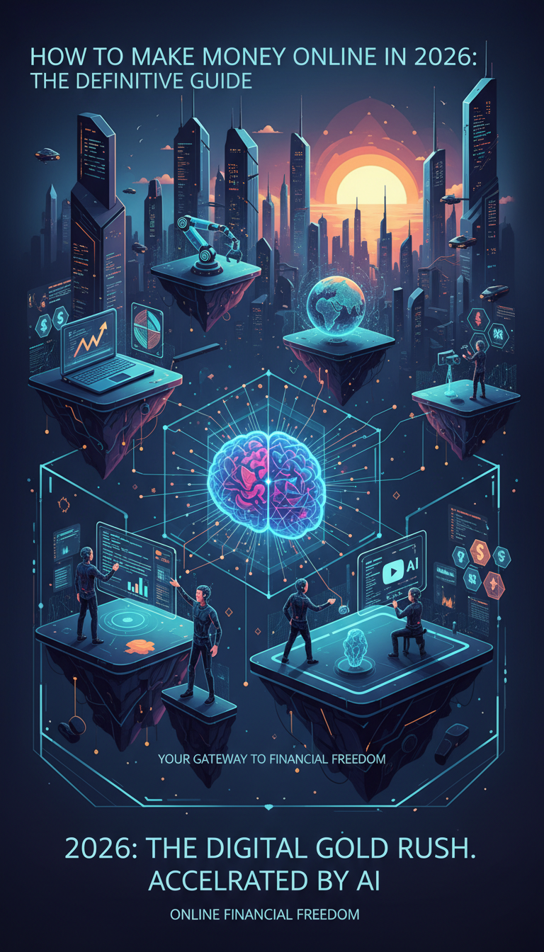 Generated image illustrating the future of online earning with AI integration, featuring abstract digital elements and a sense of innovation.