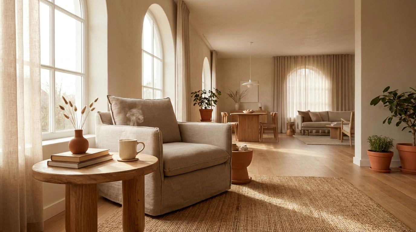 Cozy sunlit corner for wellness rituals