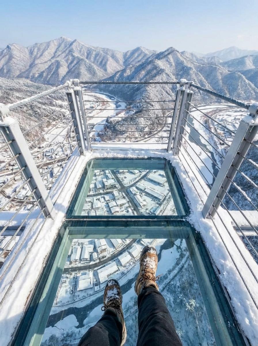 봉명산 출렁다리 위에서 본 설경과 강화유리 바닥