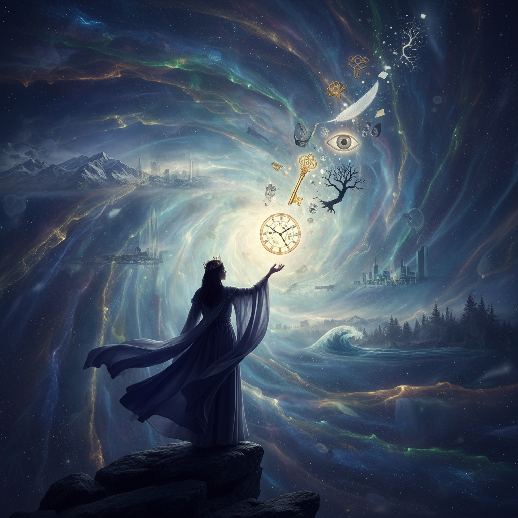 꿈 해몽 배너 이미지: 환상적인 분위기의 구름과 별, 신비로운 상징들