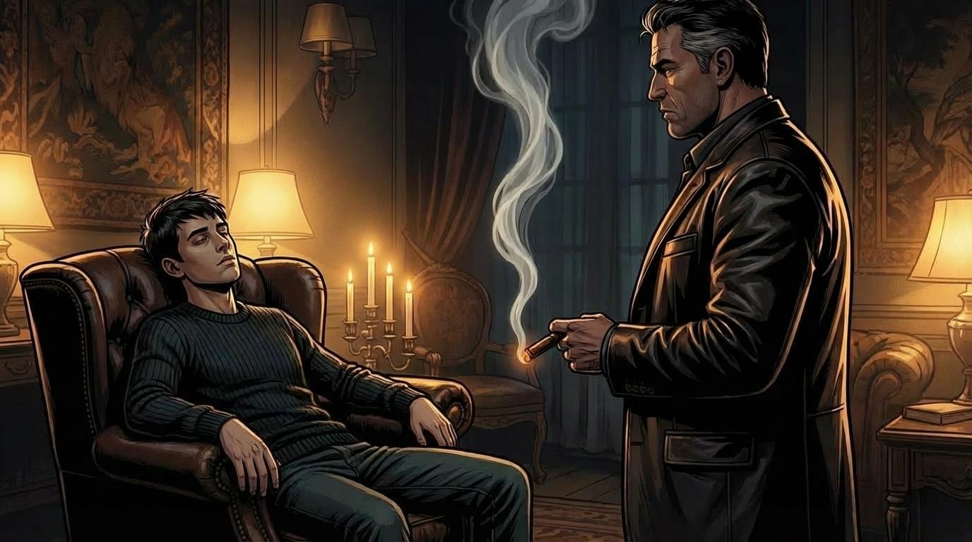 The Master standing over bun-E in a trance