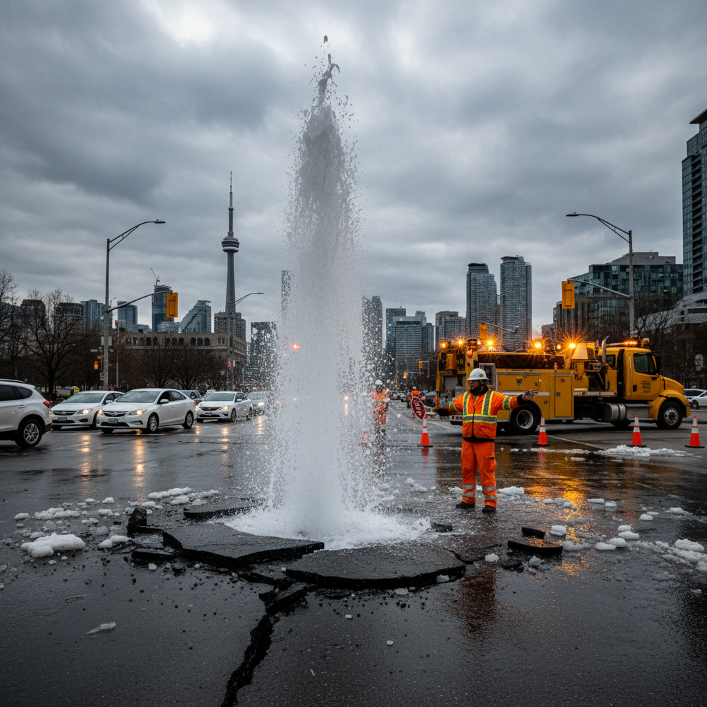 A specialized traffic control Toronto vehicle and crew working on a busy highway at dusk, with the urban skyline visible.