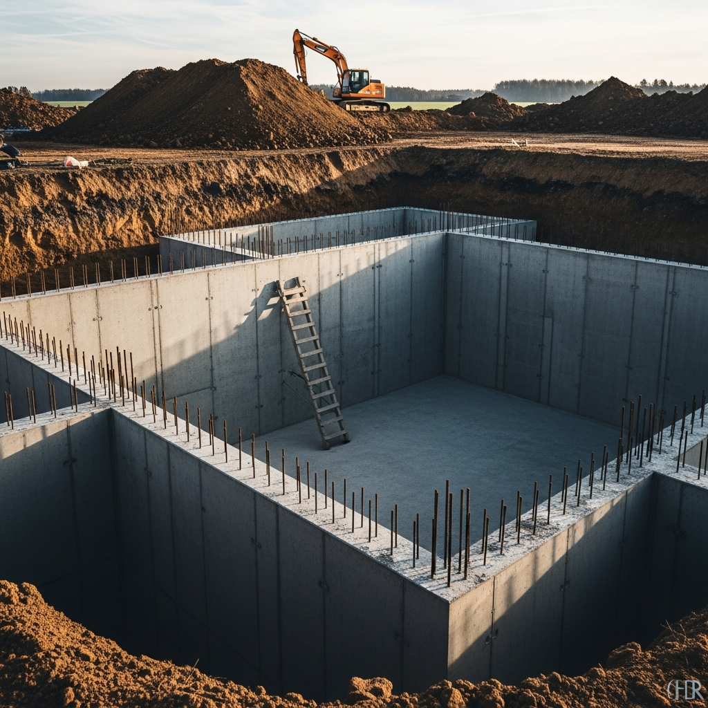 Illustration showing the cross-section of a slab foundation with plumbing and electrical lines embedded.