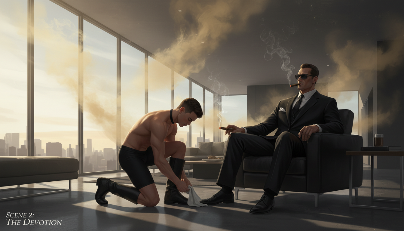 The Devotion-bun-E kneels at cigar smoking Master's shiny dress shoes to polish as subservient