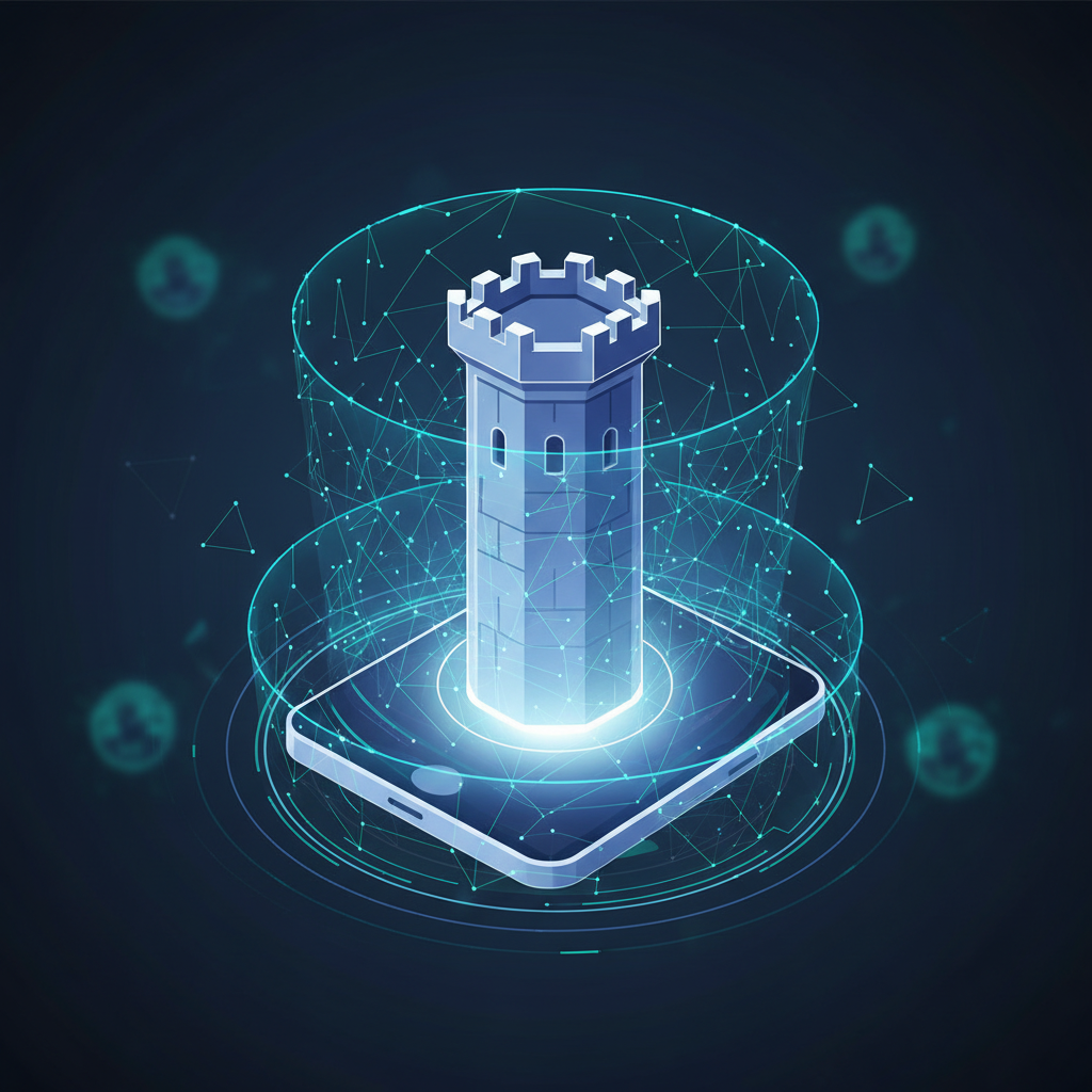 An abstract graphic depicting a shield icon over a smartphone, with glowing lines representing data flow and security, suggesting protection and defense.