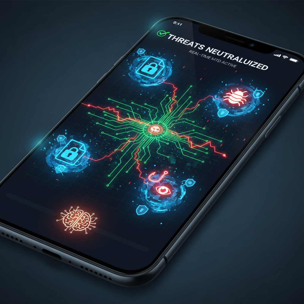 An infographic-style image showing various security icons (firewall, lock, shield) surrounding a smartphone, with lines connecting them to different aspects of security such as network, data, and apps.