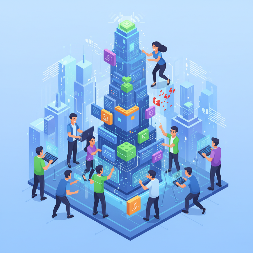 A stylized representation of a growing network, with central nodes expanding outward to smaller connected points, illustrating the network effects and ecosystem growth driven by open-source platforms.
