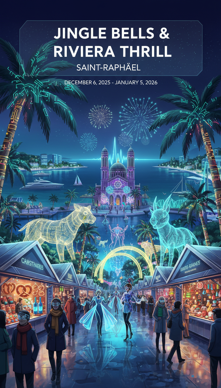 Festive lights illuminating a street in Saint-Raphaël during winter, with a large Christmas tree and historical buildings in the background.