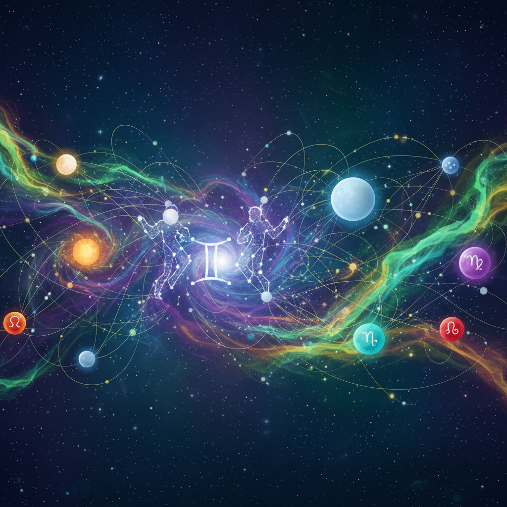 서양 별자리 운세 배너 이미지: 밤하늘의 별과 우아한 별자리 아이콘이 어우러진 신비로운 이미지