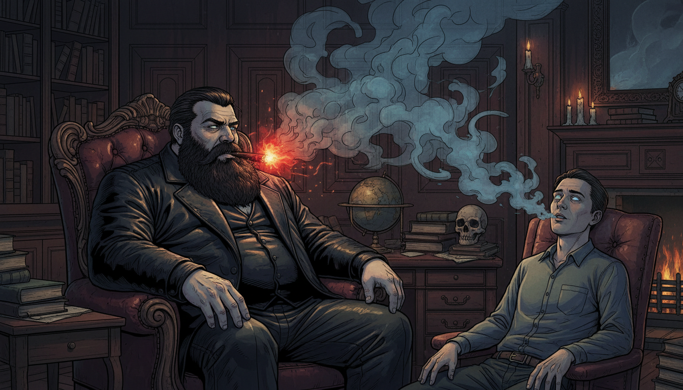 The Master sits in his smoke-filled study