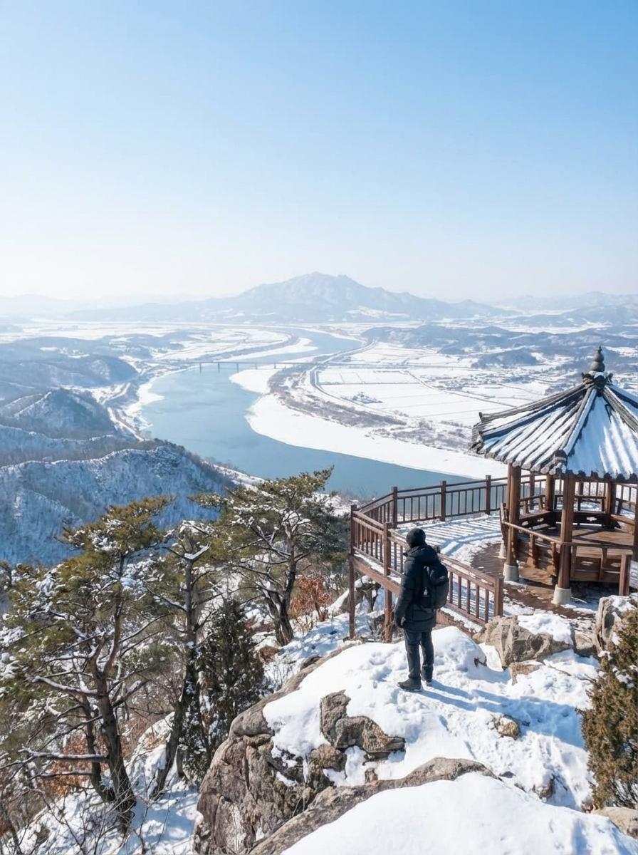 감악산 정상 팔각정에서 바라본 임진강과 설경