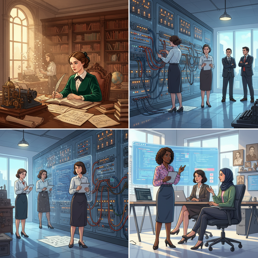 A group of women working with early computing equipment, showcasing their foundational contributions to programming.