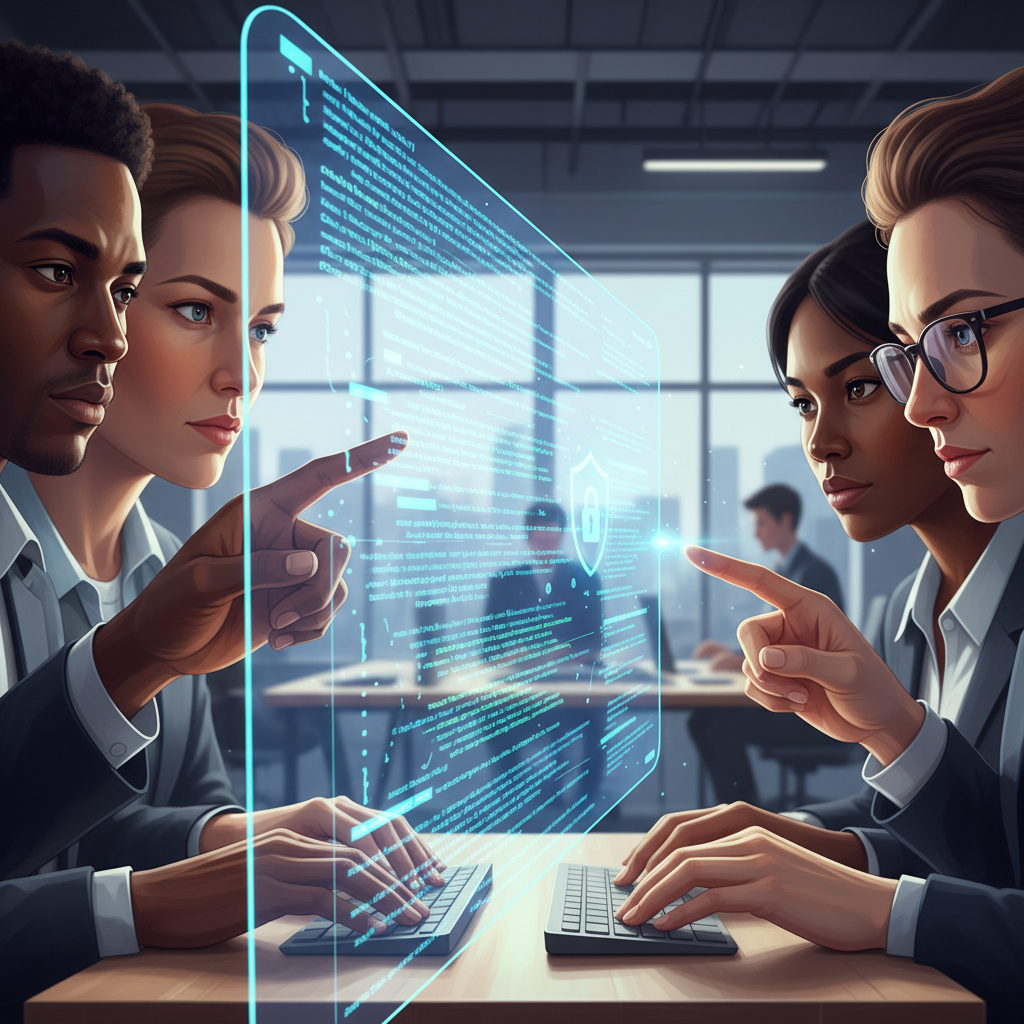 A futuristic illustration of diverse human silhouettes collaborating around a glowing central data sphere, representing global talent attraction and community contribution in open source.