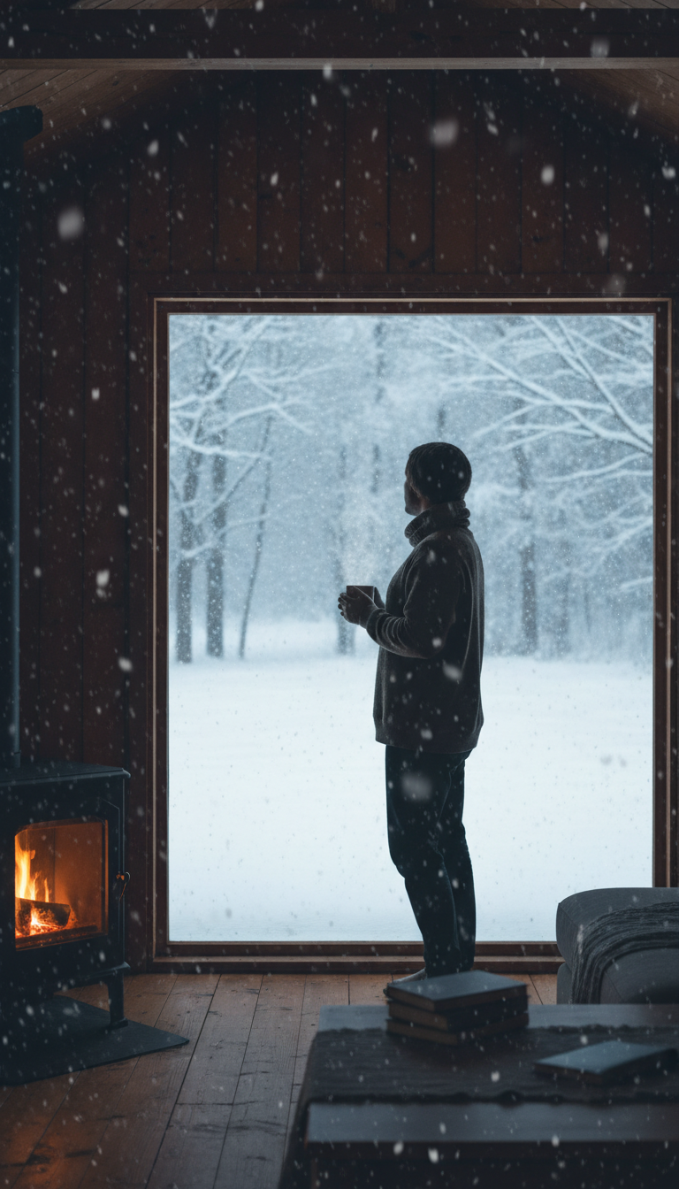 창밖으로 눈 오는 풍경을 바라보는 사람