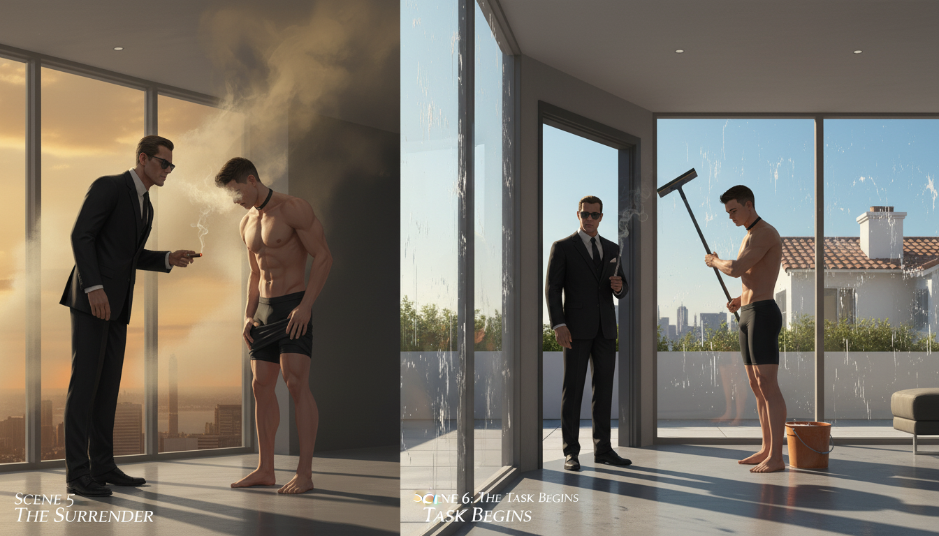 The Surrender as leather suited Master blows hypnotic thick smoke in face of nude bun-E