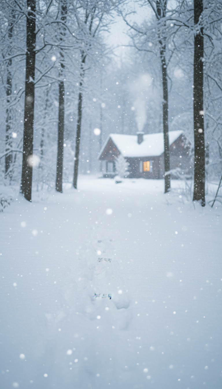눈 내리는 날 고요히 산책하는 사람의 뒷모습