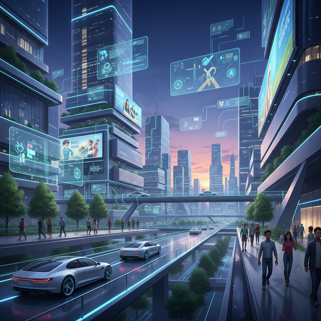 A futuristic cityscape with glowing data streams, symbolizing AI-driven progress.