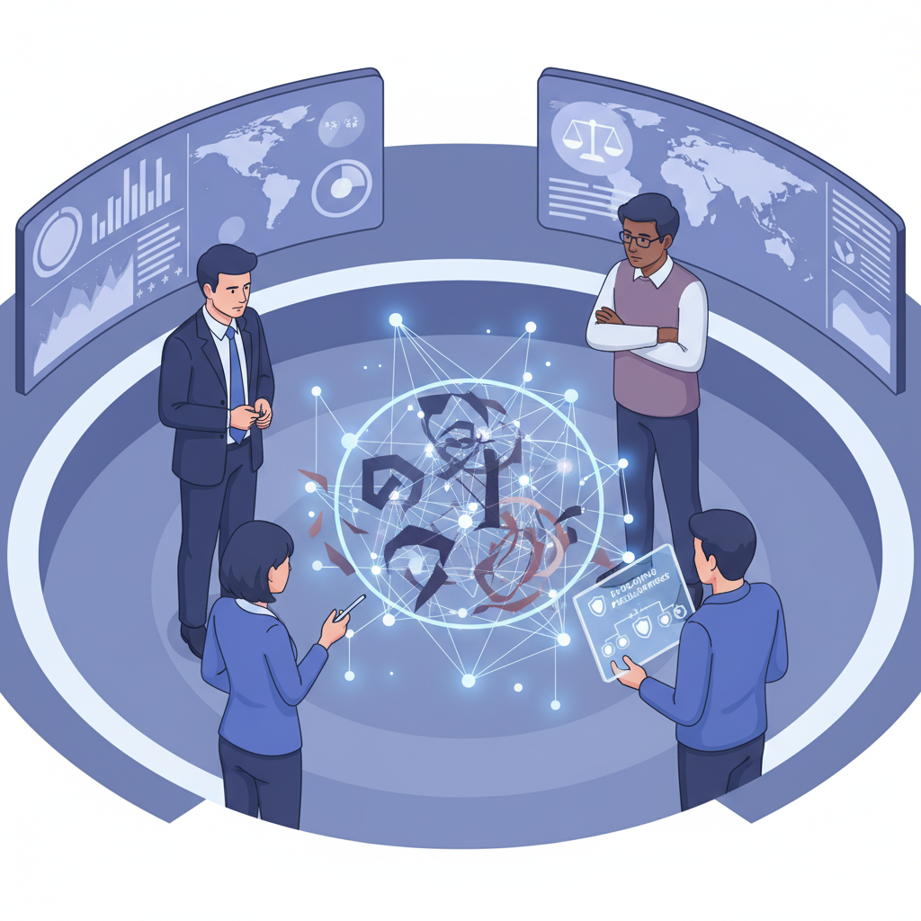 People collaborating with AI interfaces, representing the evolving human-AI workforce.