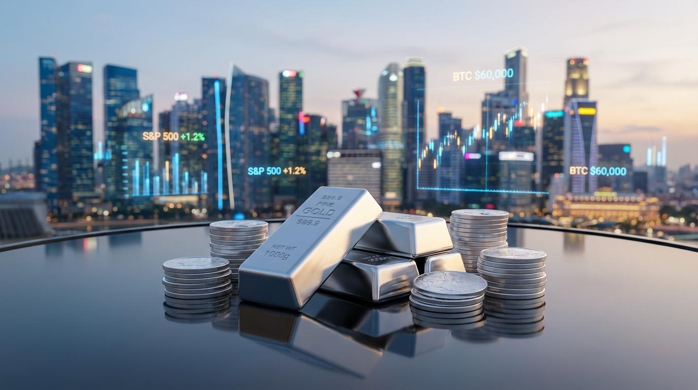 A high-end professional hero image for a financial blog. In the foreground, several shiny, high-quality silver bars and stacked silver coins are arranged neatly on a reflective dark glass surface. The background features a futuristic financial district skyline at twilight with glowing blue and gold digital data streams and holographic stock tickers. Soft cinematic lighting, shallow depth of field, 8k resolution.