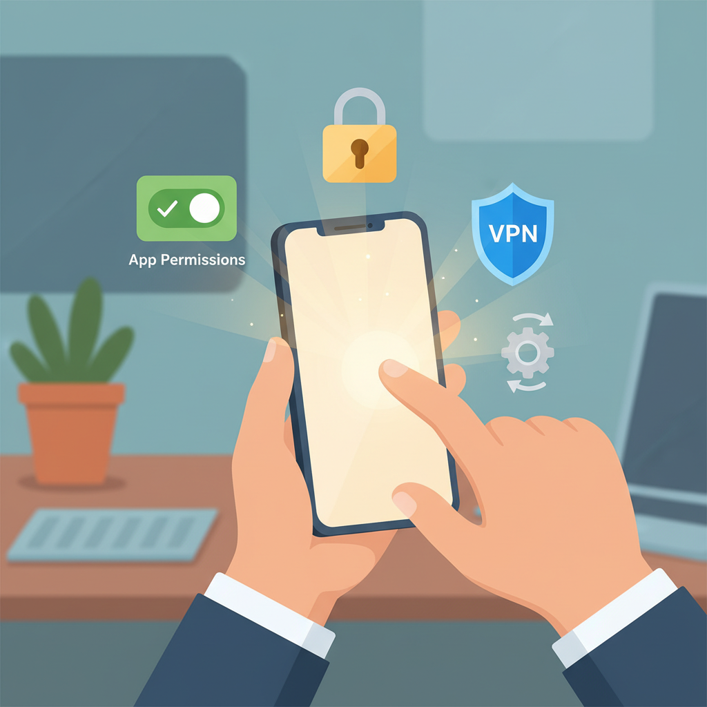 A smartphone with various security icons and settings menus visible on the screen, representing user control over privacy and security settings, with a human hand interacting with it.